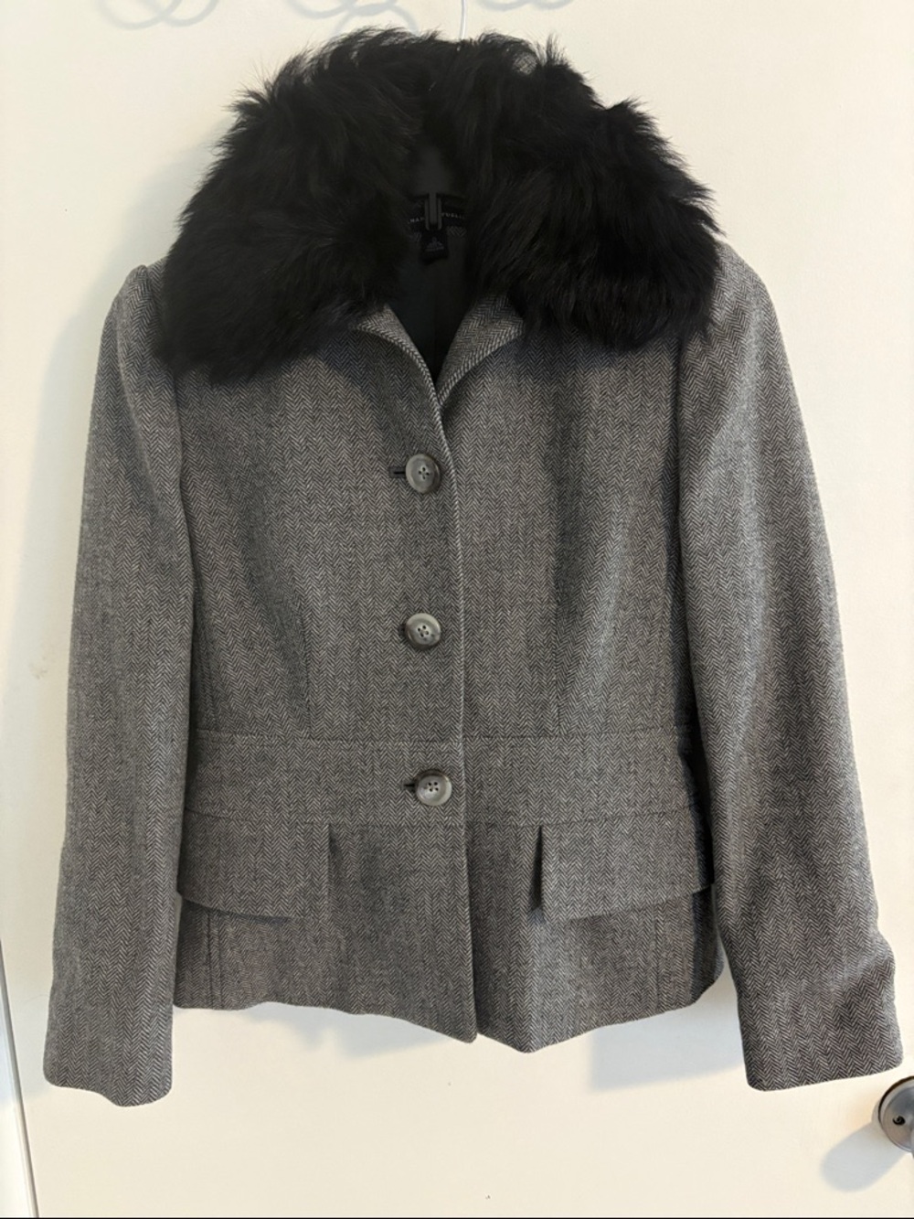 Banana Republic Wool Blend Gray Jacket with Removable Black Faux Fur Collar